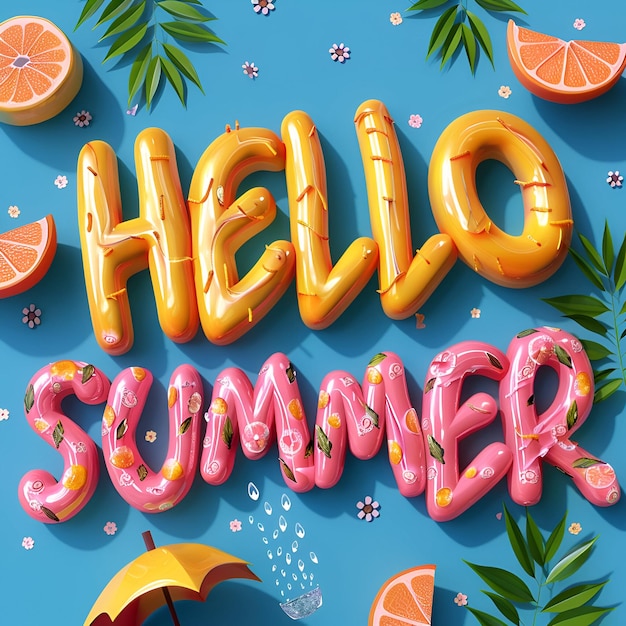 Composite van hello zomer tekst op zee zomer seizoen vakantie en zomer begroeting concept