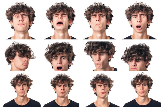 Photo composite of young mans face expressions on white background