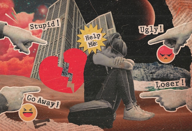 Compositie in collage-stijl met een volwassen persoon die wordt gepest