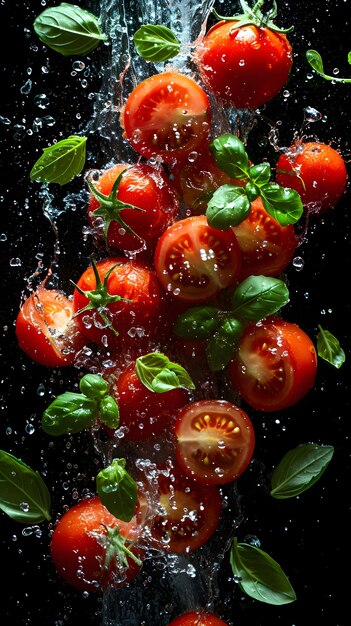 Foto compositie met hele en gesneden tomaten geïsoleerd op zwarte achtergrond met kleine spetteringen watte