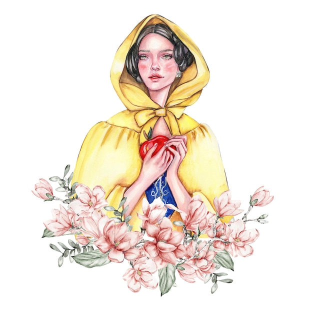 Compositie met meisje met donker haar in gele regenjas met appel in haar handen en bloemen
