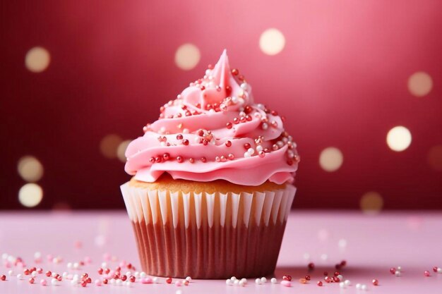 Compositie met verjaardag cupcake op roze achtergrond Bokeh-effect
