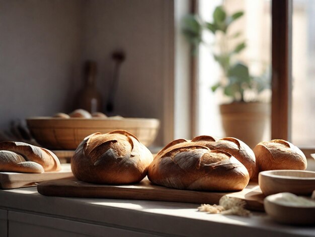 Compositie met vers brood en tarwe op houten tafel in de keuken