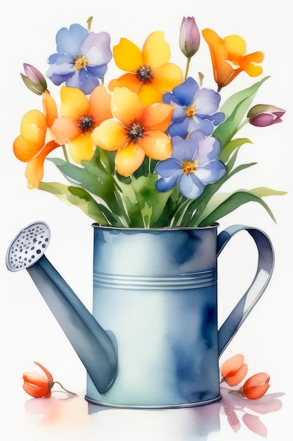 Compositie met waterkan en lentebloemen op witte achtergrond