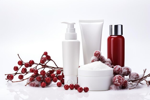 Compositie met wintercosmetica op witte achtergrond