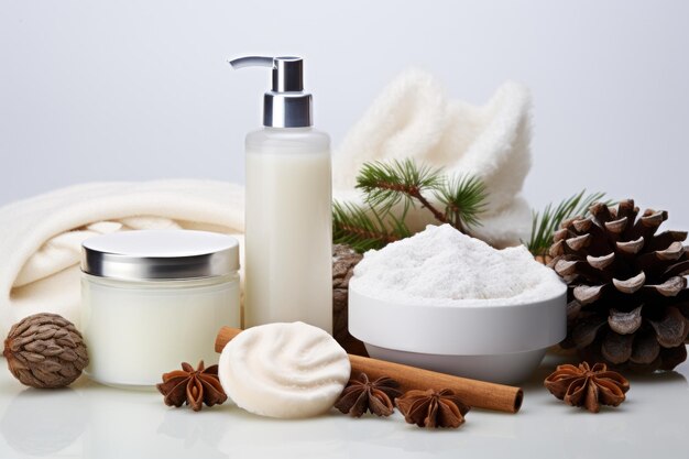 Compositie met wintercosmetica op witte achtergrond