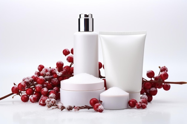 Compositie met wintercosmetica op witte achtergrond