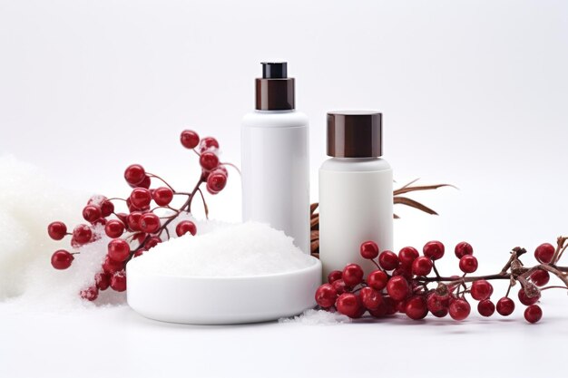 Compositie met wintercosmetica op witte achtergrond