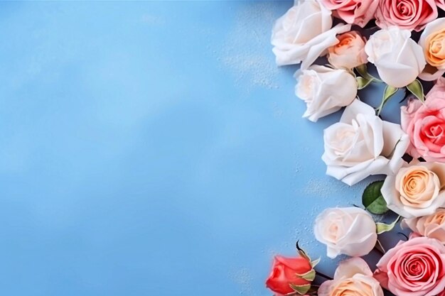 compositie van bloemen Rozen tegen een blauwe achtergrond Moederdag Vrouwendag en Valentijnsdag