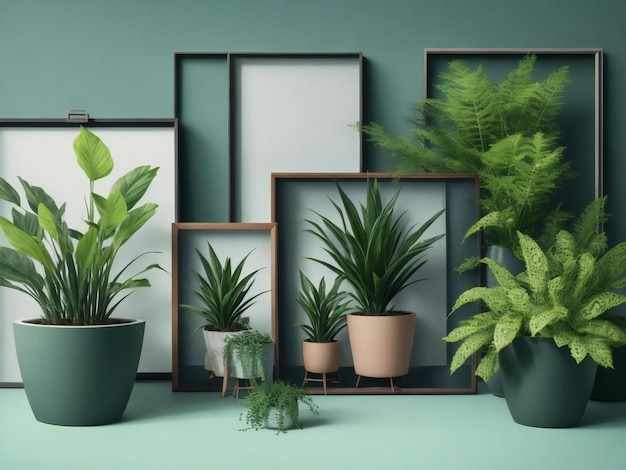 Compositie van lege frames geplaatst op een hard oppervlak met denkbeeldige potplanten in een vaas in de buurt van een gegenereerde