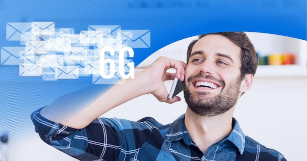 Photo composition of 6g in white text with mail icons over smiling man using smartphone