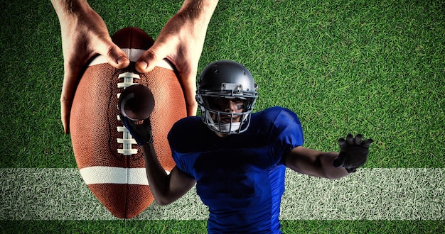 Photo composition of american football player throwing ball over pitch