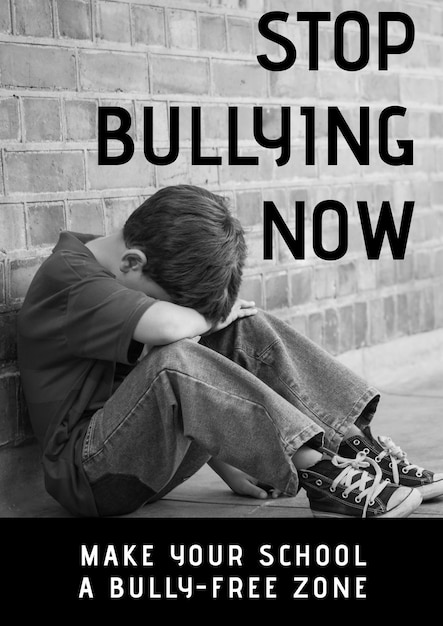 Composition of anti bullying text with crying schoolboy in black and white