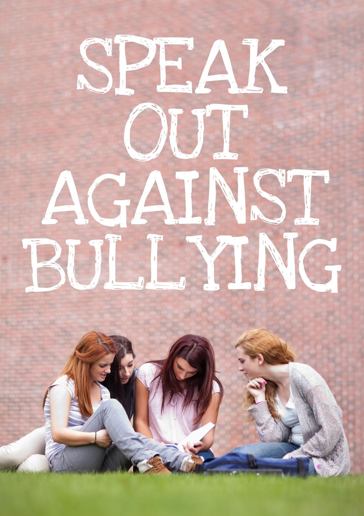 Photo composition of anti bullying text with female students in background