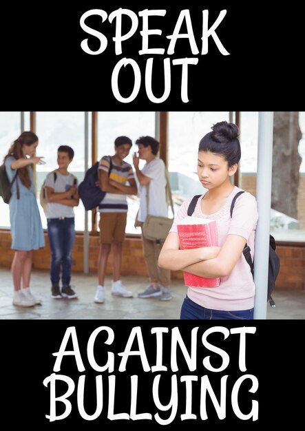 Photo composition of anti bullying text with sad schoolgirl in school in background