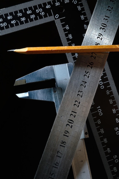 Composition assembled from a measuring instrument Dark background Closeup