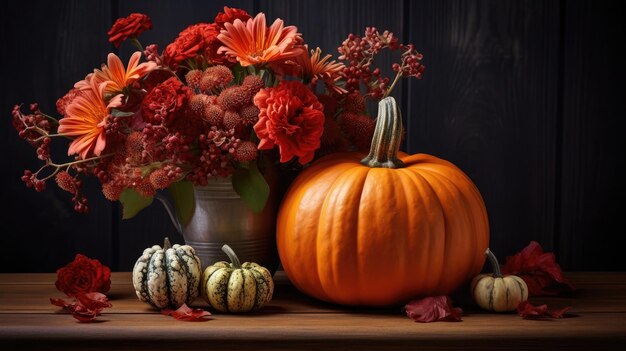 Composition autumn bouquet of flowers and pumpkin created with Generative AI technology