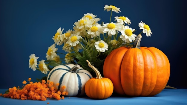 Composition autumn bouquet of flowers and pumpkin created with Generative AI technology