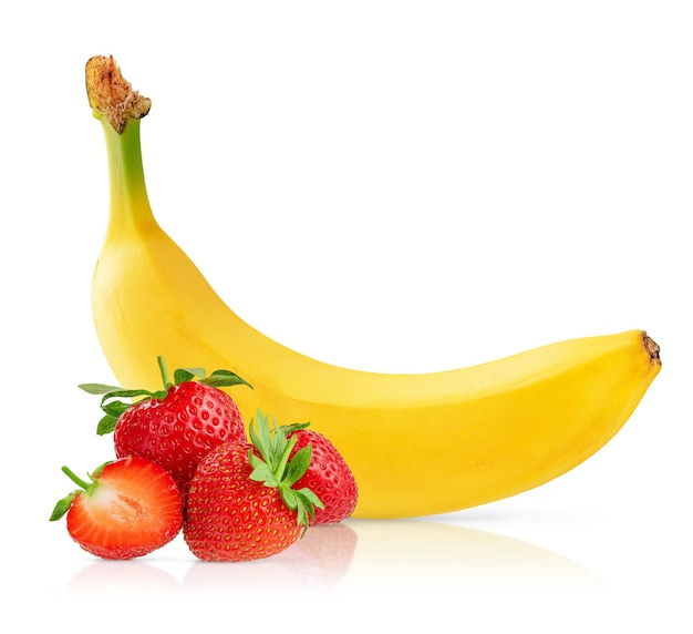 Photo composition of banana and strawberry isolated on white background with clipping path