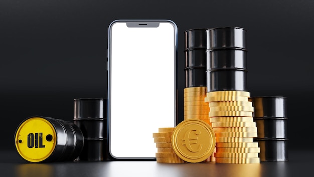 유로 동전과 스마트폰 3D 렌더가 있는 석유 배럴의 구성