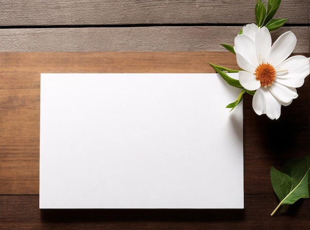 Composition of beautiful flowers and paper on wooden table for copy space and mockup