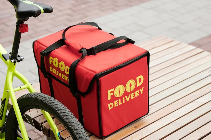 Photo composition of big red backpack of courier with online food orders of clients