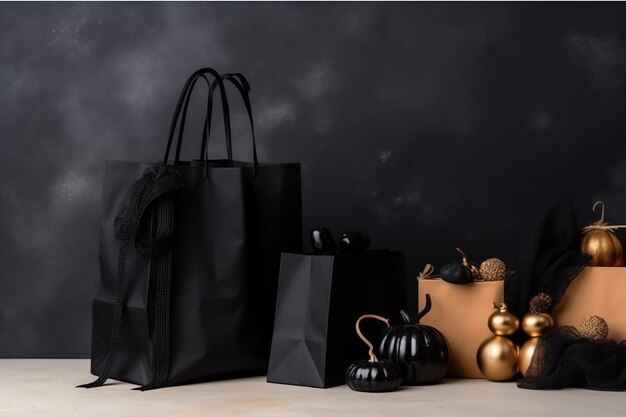 Composition of black friday shopping cart with gift boxes or bags on dark background and copy space