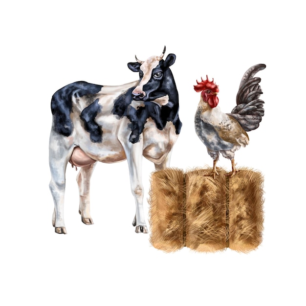 A composition of a black and white cow and a gray rooster on a golden haystack