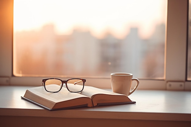 Composition of books cup and glasses on the windowsill on light background