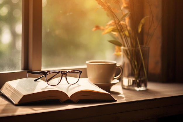 Composition of books cup and glasses on the windowsill on light background