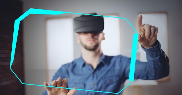 Photo composition of businessman wearing vr headset touching digital screen