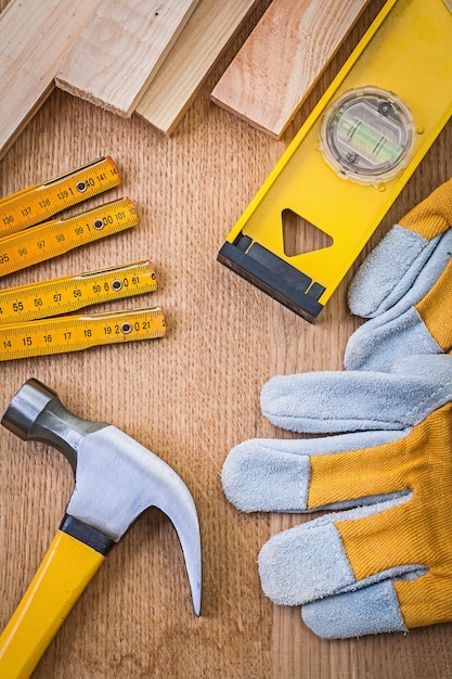 Composition of carpentry tools on wooden boards