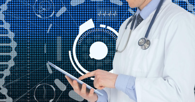 Composition of caucasian male doctor with tablet over digital interface with medical icons