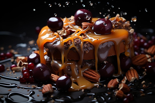 Composition of chocolate with nuts caramel and milk Beautiful chocolate dessert Generative AI