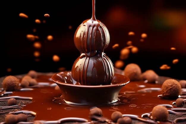 Foto composizione di cioccolato con noci caramello e latte bellissimo dessert al cioccolate ai generativa