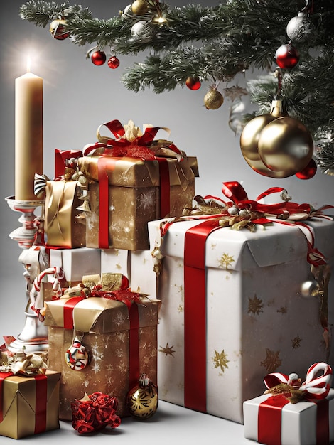 クリスマスのギフトボックスの構成 クリスマスの枝に吊るされたキャンドルライトと電球
