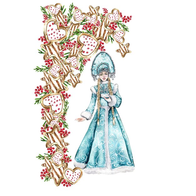 Composition for Christmas with Snow Maiden in a blue dress and cookies