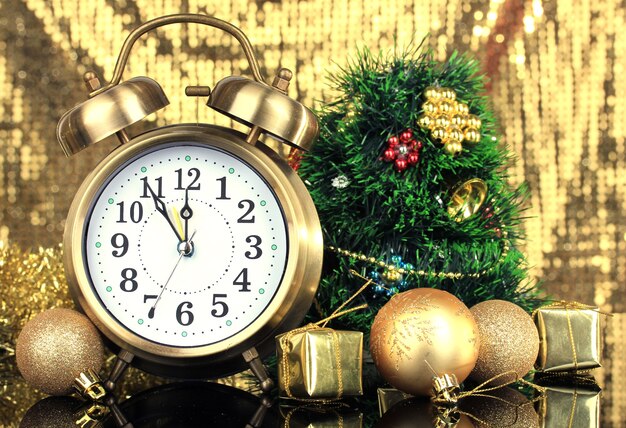 Composition of clock and christmas decorations