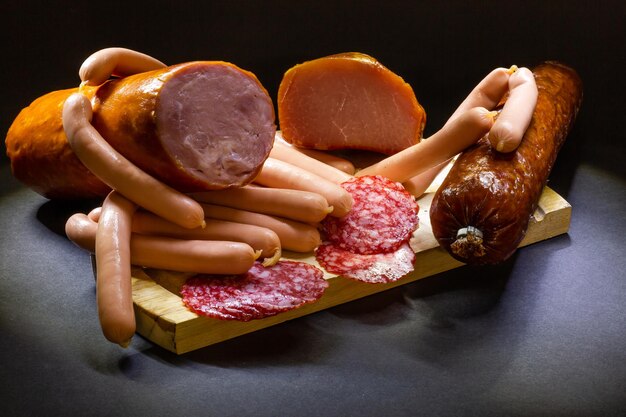 composition of cold cuts on wooden board with different type of cheese