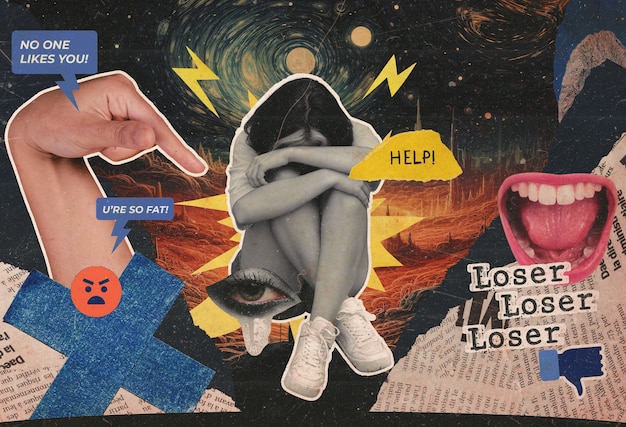 Foto composizione in stile collage con una persona adulta che viene vittima di bullismo