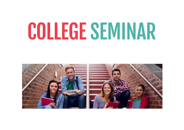 Photo composition of college seminar text in red and green, with smiling students on stairs, on white