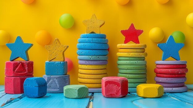 Composition of colorful educational toys and geometric shapes on a blue and yellow background Front view