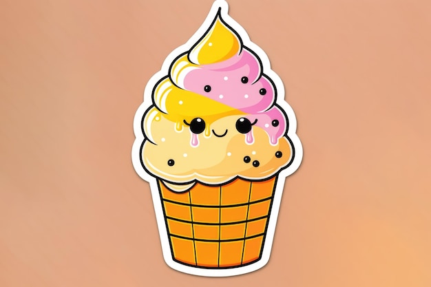 Composition of colorful kawaii cartoon icecream sticker on beige background