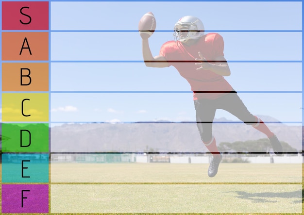 Photo composition of coloured tier list and grid over american football player in action catching ball