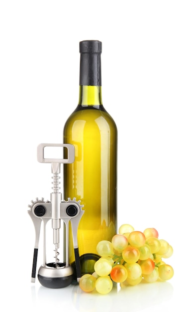 Composition of corkscrew and bottle of wine grape isolated on white