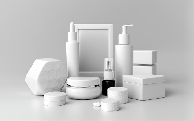 Photo composition of cosmetic bottles on white background generative ai