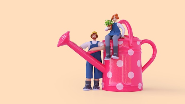 Composition of a couple gardeners near a large watering can 3d render