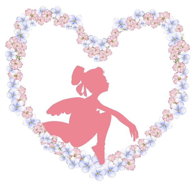 Composition of dancing ballerina in flower heart Hand drawn classic ballet performance pose