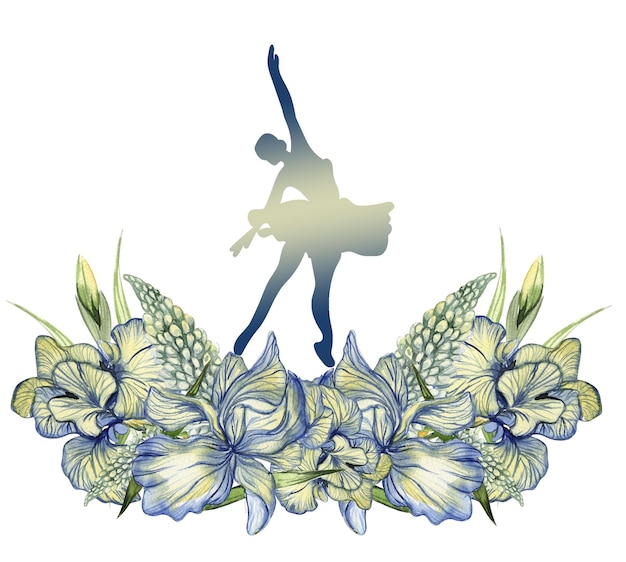 Photo composition of dancing ballerina with flowers hand drawn classic ballet performance pose