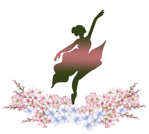 Photo composition of dancing ballerina with flowers hand drawn classic ballet performance pose